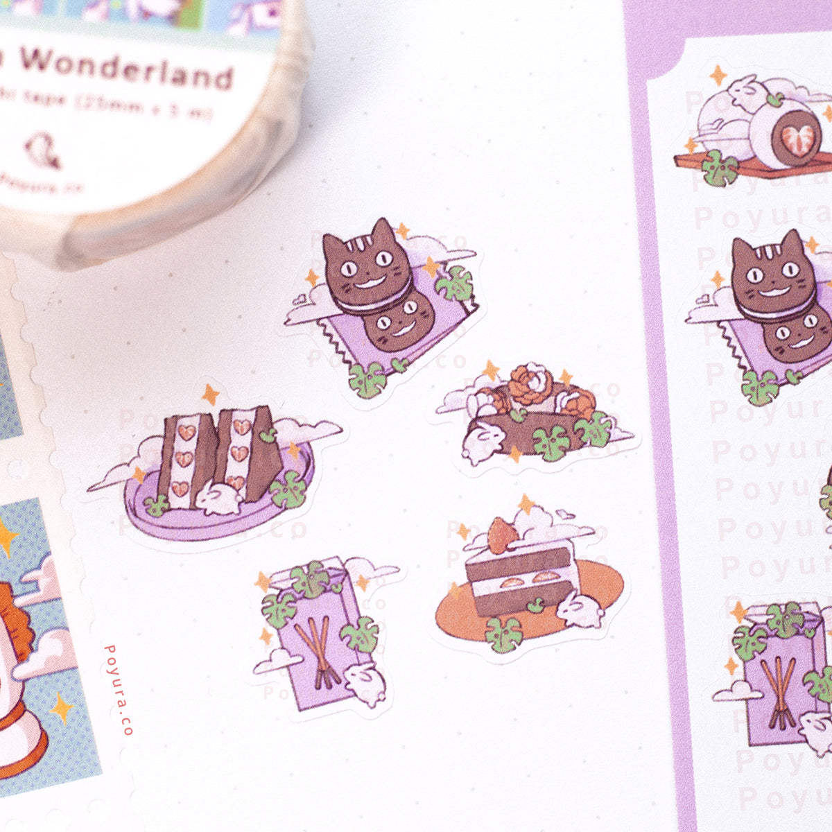 Stickers of cute Alice in Wonderland ice cream waffles, mochi snacks on a journal
