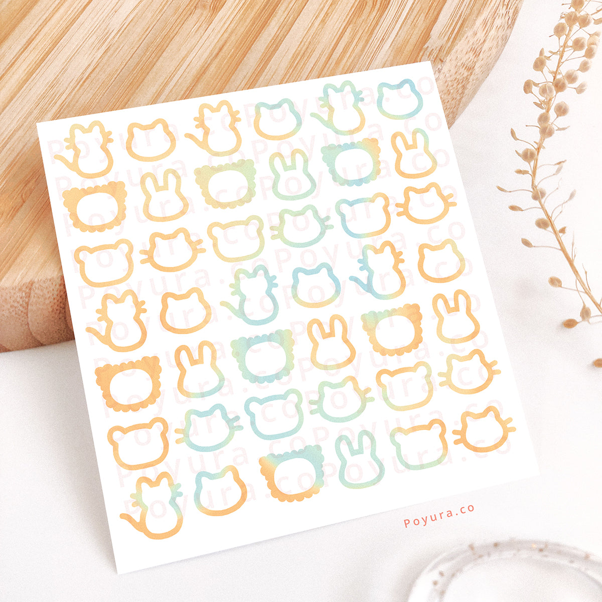 Borderless sticker with cute animal cutouts in different blue and yellow tints