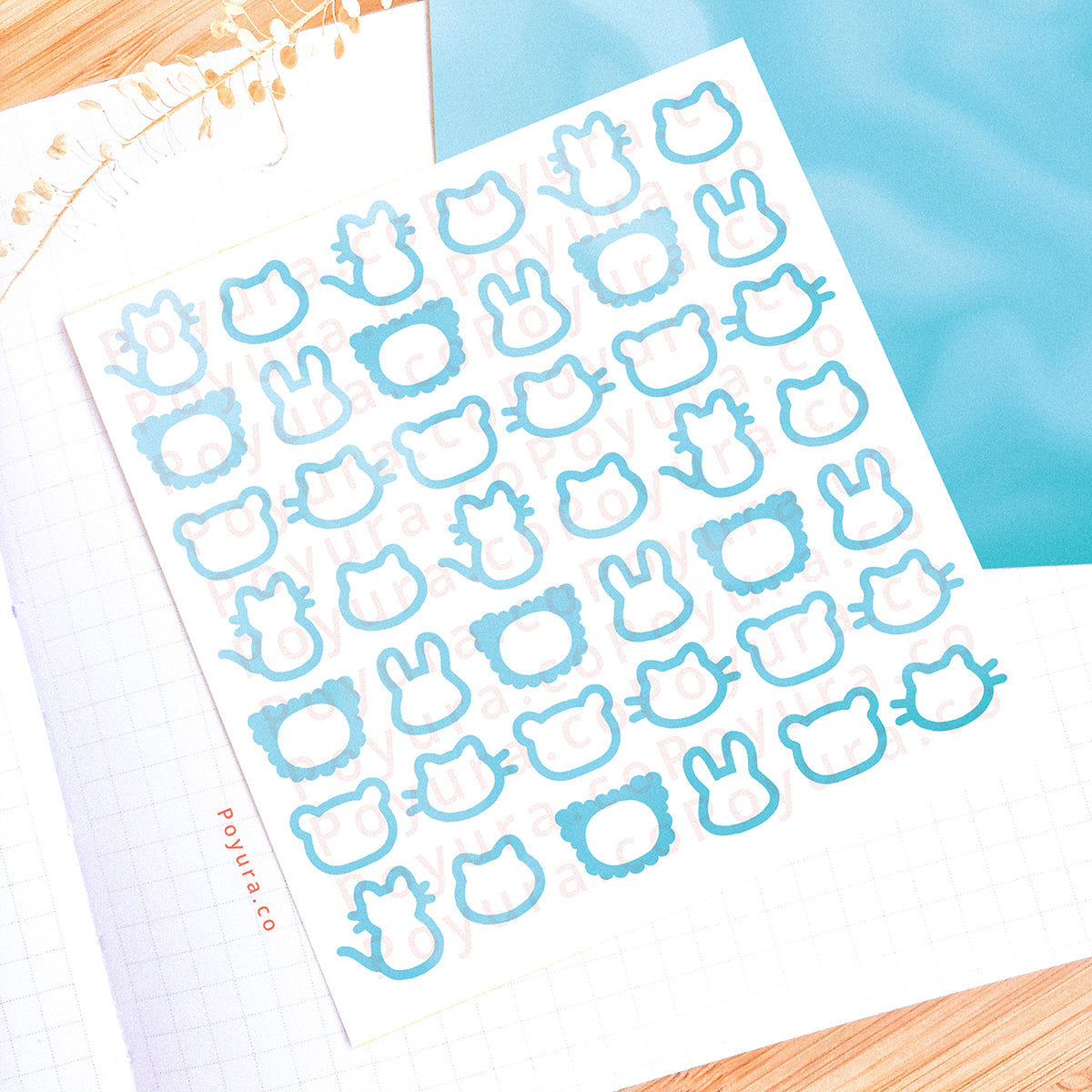 Borderless sticker with cute animal cutouts in different blue tints