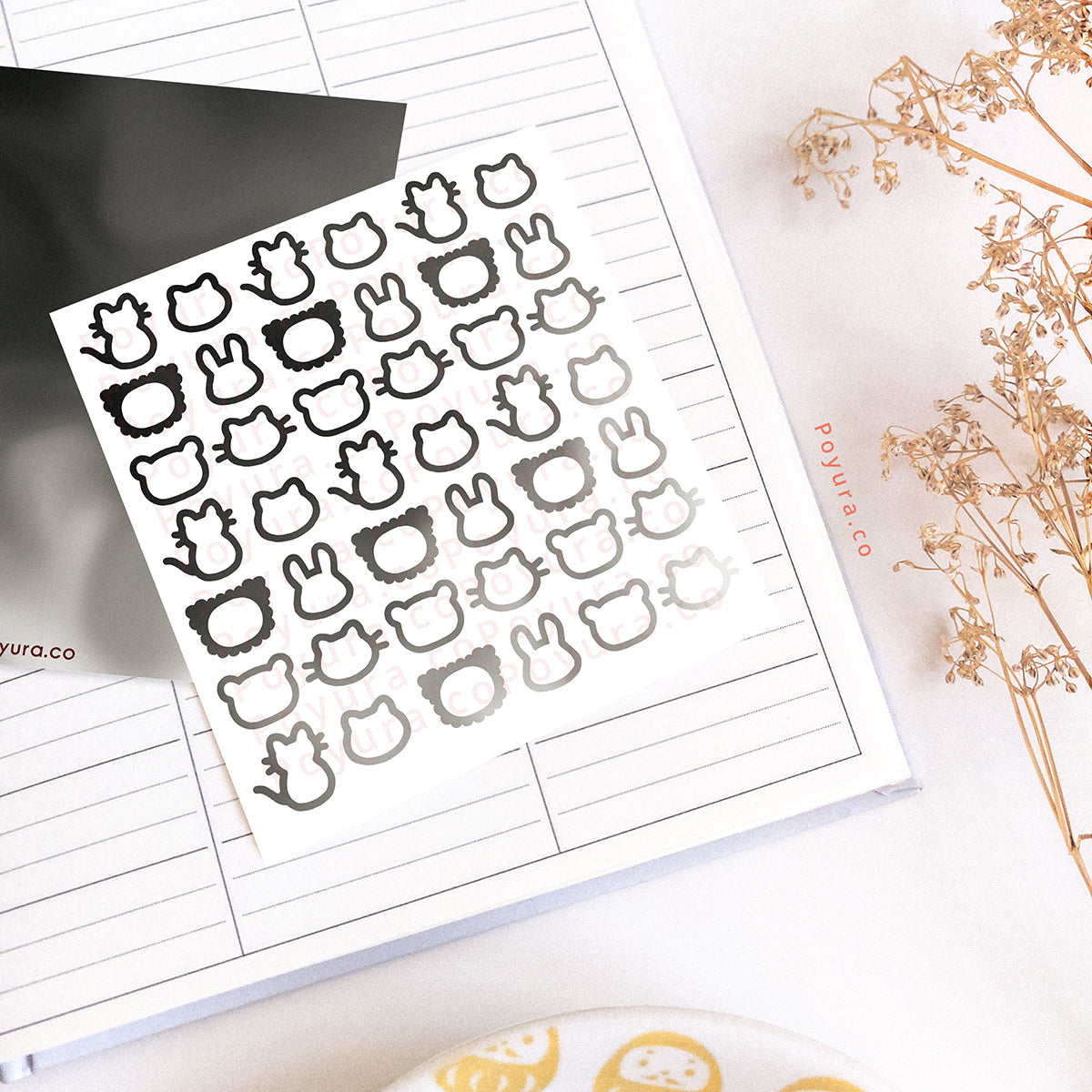 Borderless sticker with cute animal cutouts in different grey tints