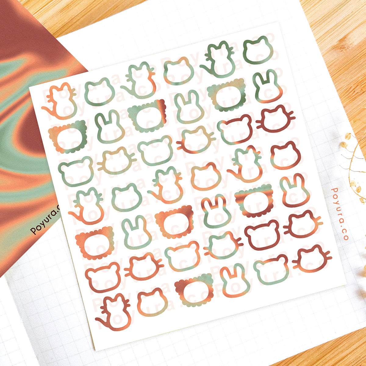 Borderless sticker with cute cat and bunny animal cutouts in different green and red tints