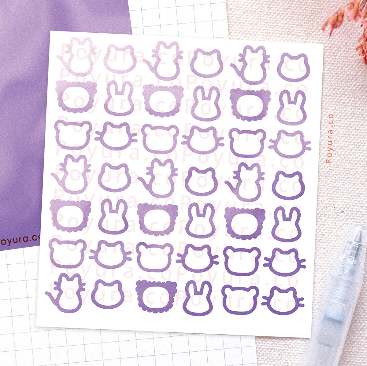 Borderless sticker with cute animal cutouts in different purple tints
