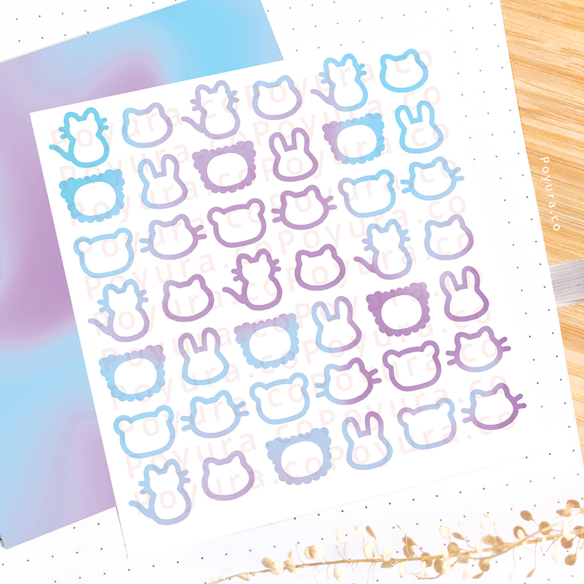 Borderless sticker with cute animal cutouts in different blue and purple tints