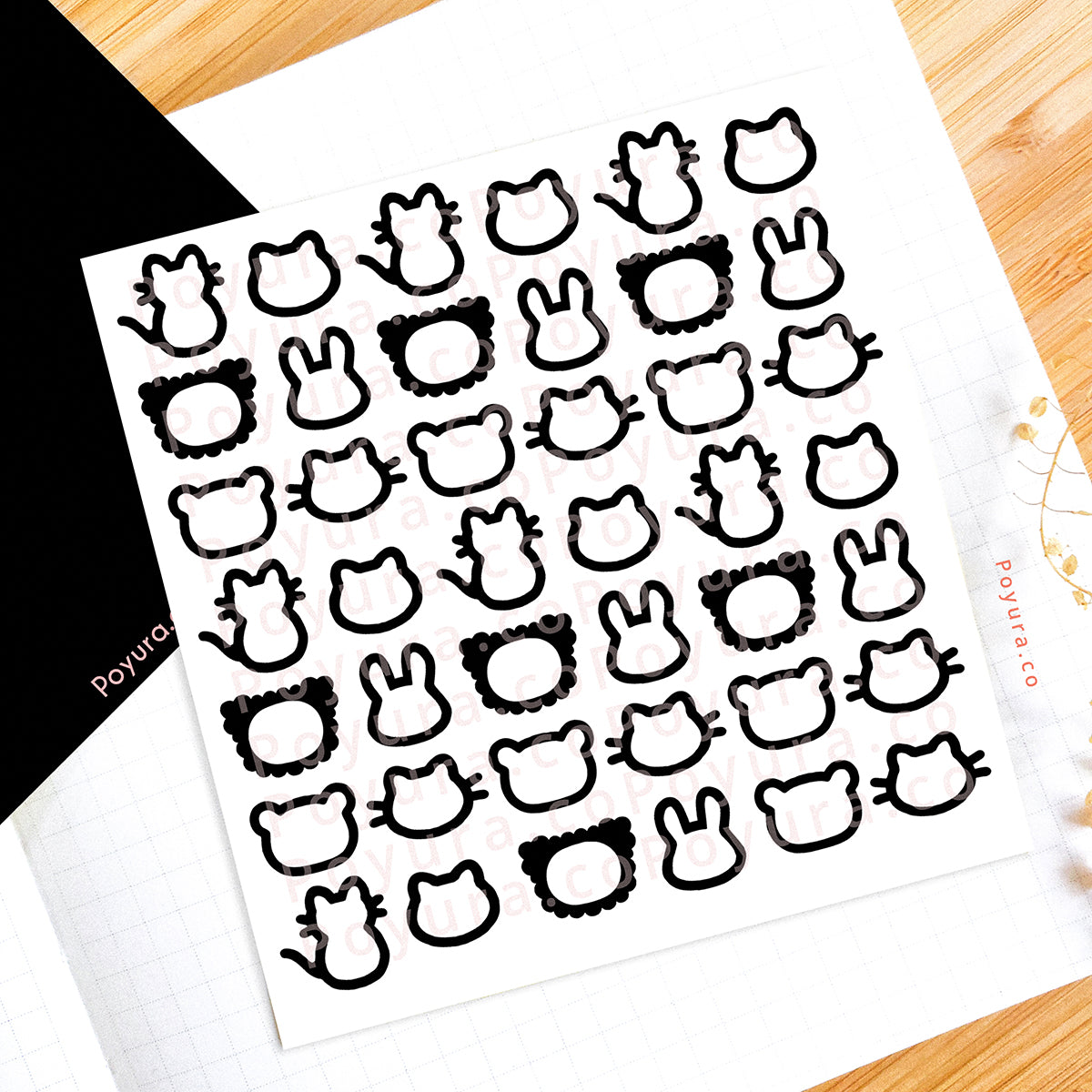 Borderless sticker with cute animal cutouts in black