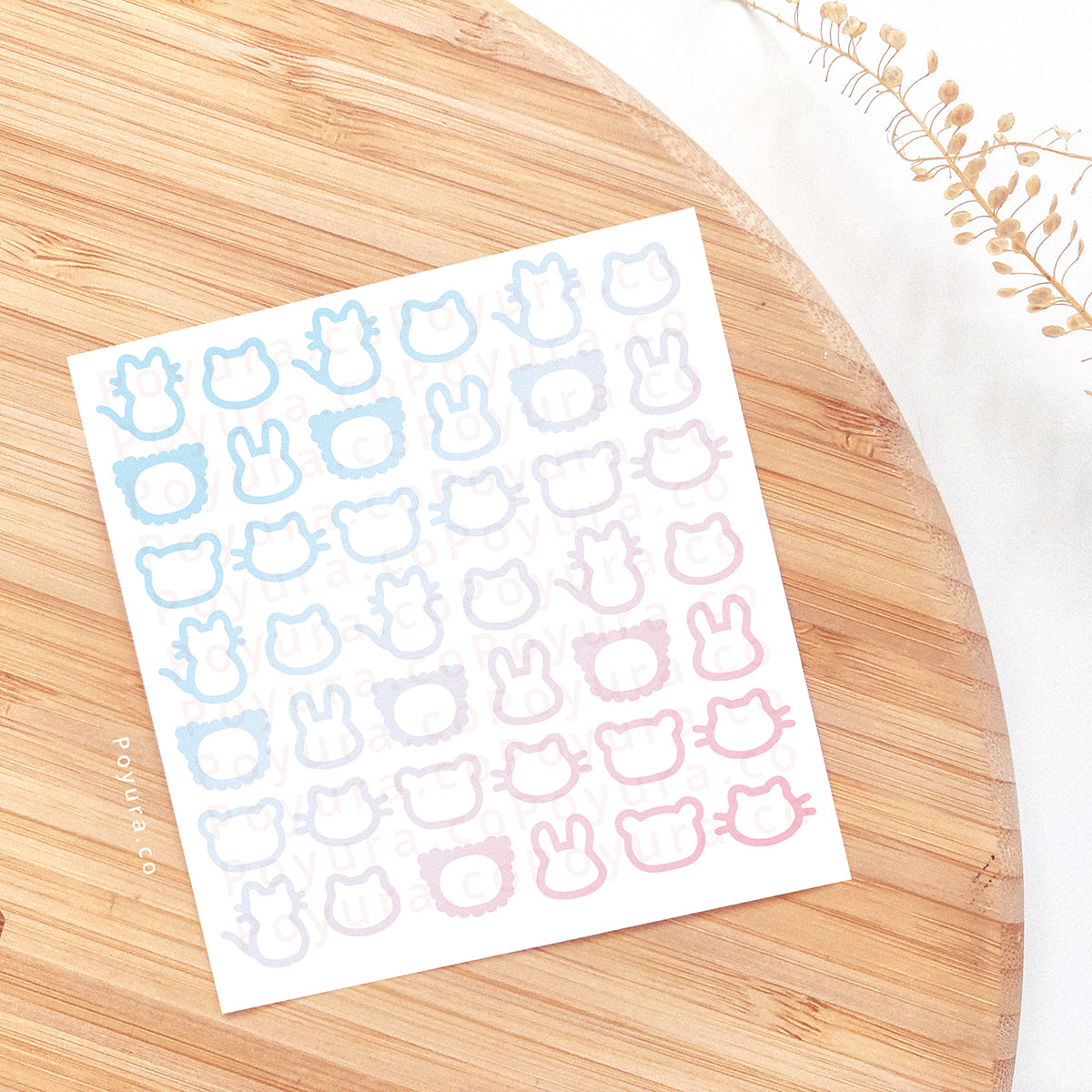 Borderless sticker with cute animal cutouts in different blue and pink tints