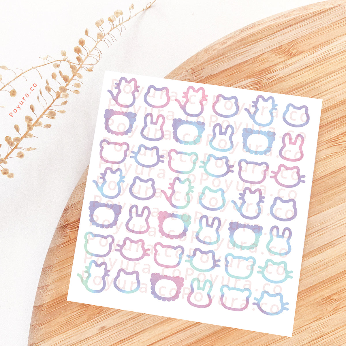 Borderless sticker with cute animal cutouts in different blue, purple, and pink tints
