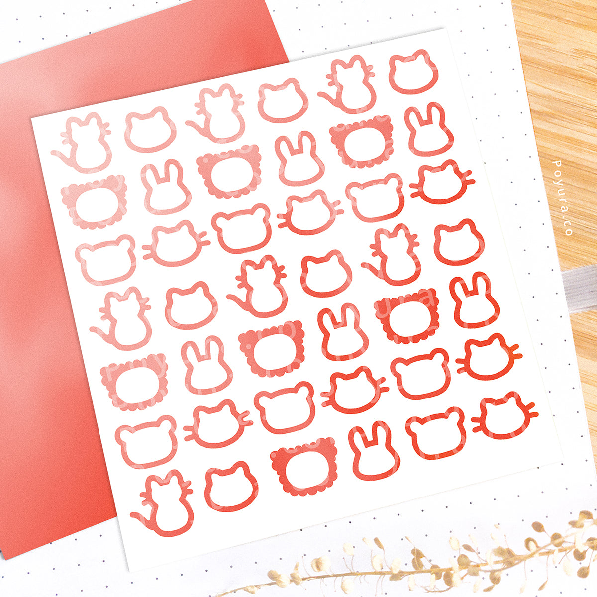 Borderless sticker with cute animal cutouts in different red tints