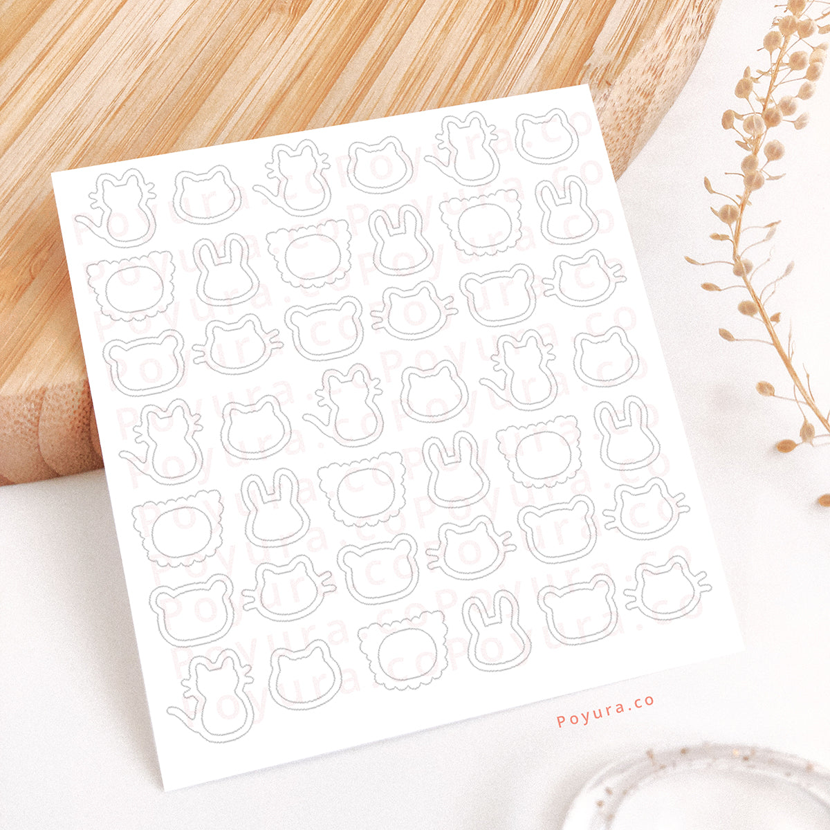 Borderless sticker with cute animal cutouts in white