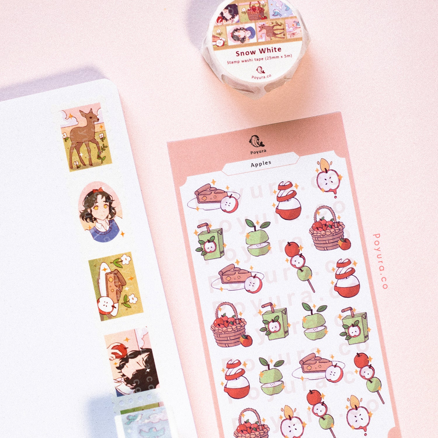 Set of matching stamp washi tape and sticker of cute red and green apple aesthetic and pie,