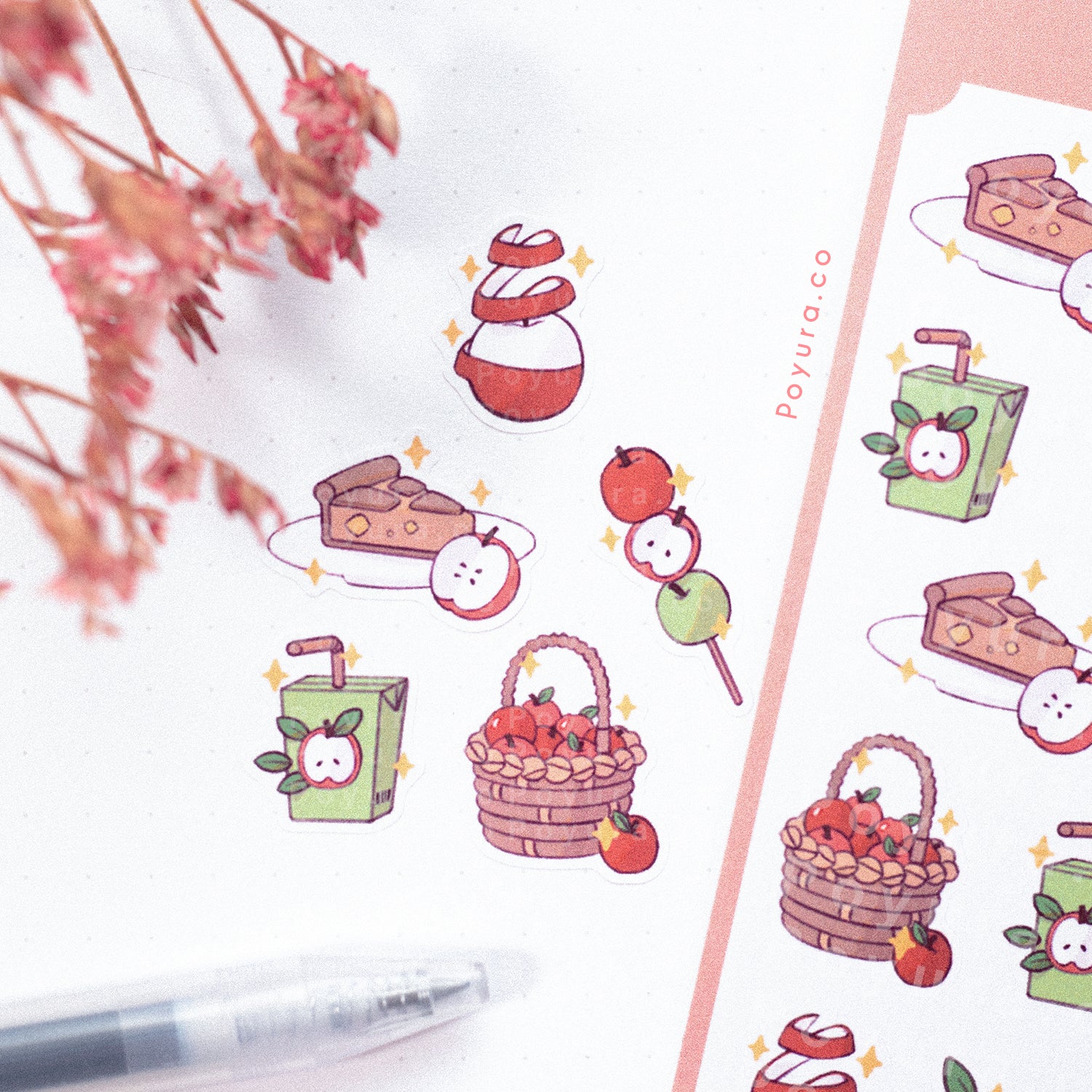 Sticker sheet of cute red and green apple aesthetic, pie, dango, and juice