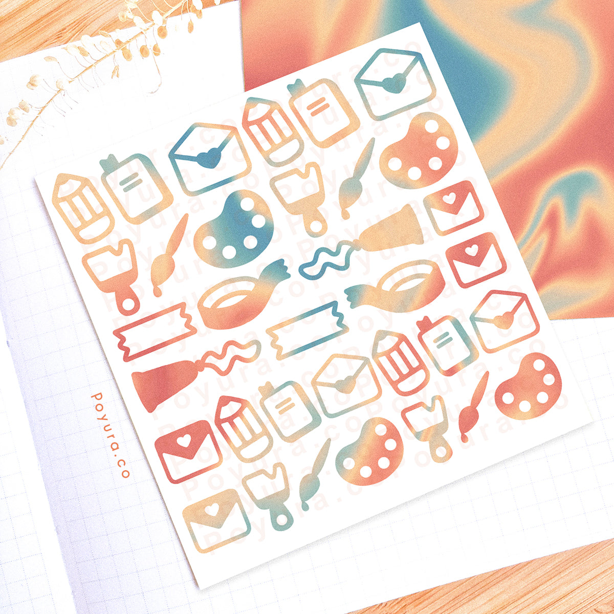 Borderless sticker with cute art supply and stationery cutouts in different orange, red, and green tints