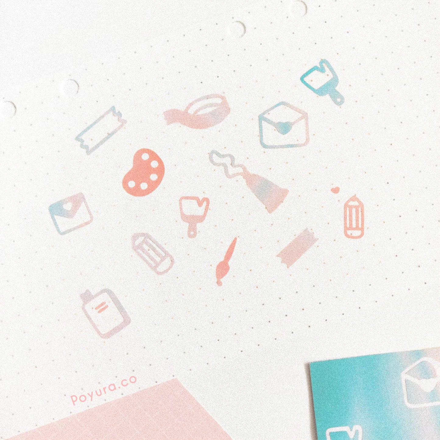 Borderless sticker with art supply cutouts in different teal and orange tints