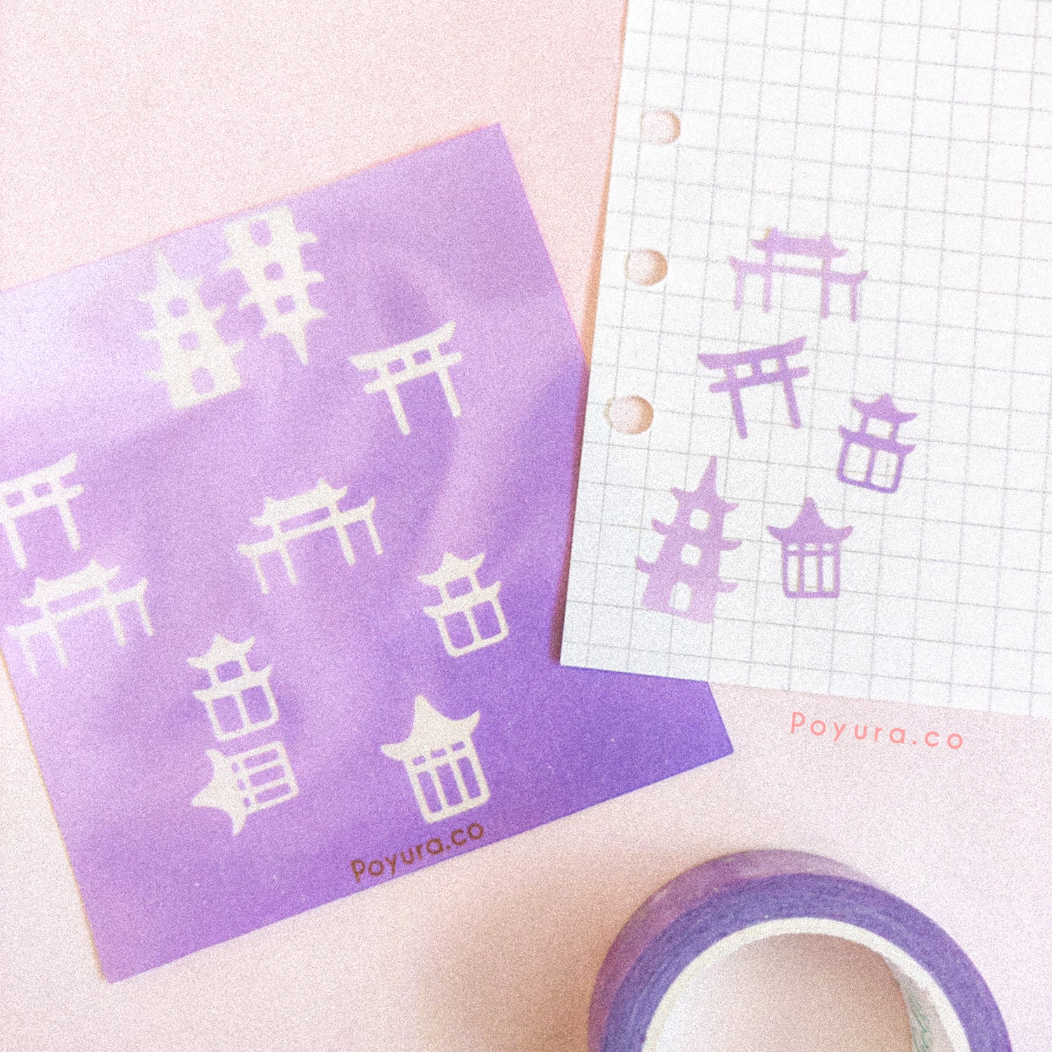 Borderless sticker with Asian building cutouts in different purple tints
