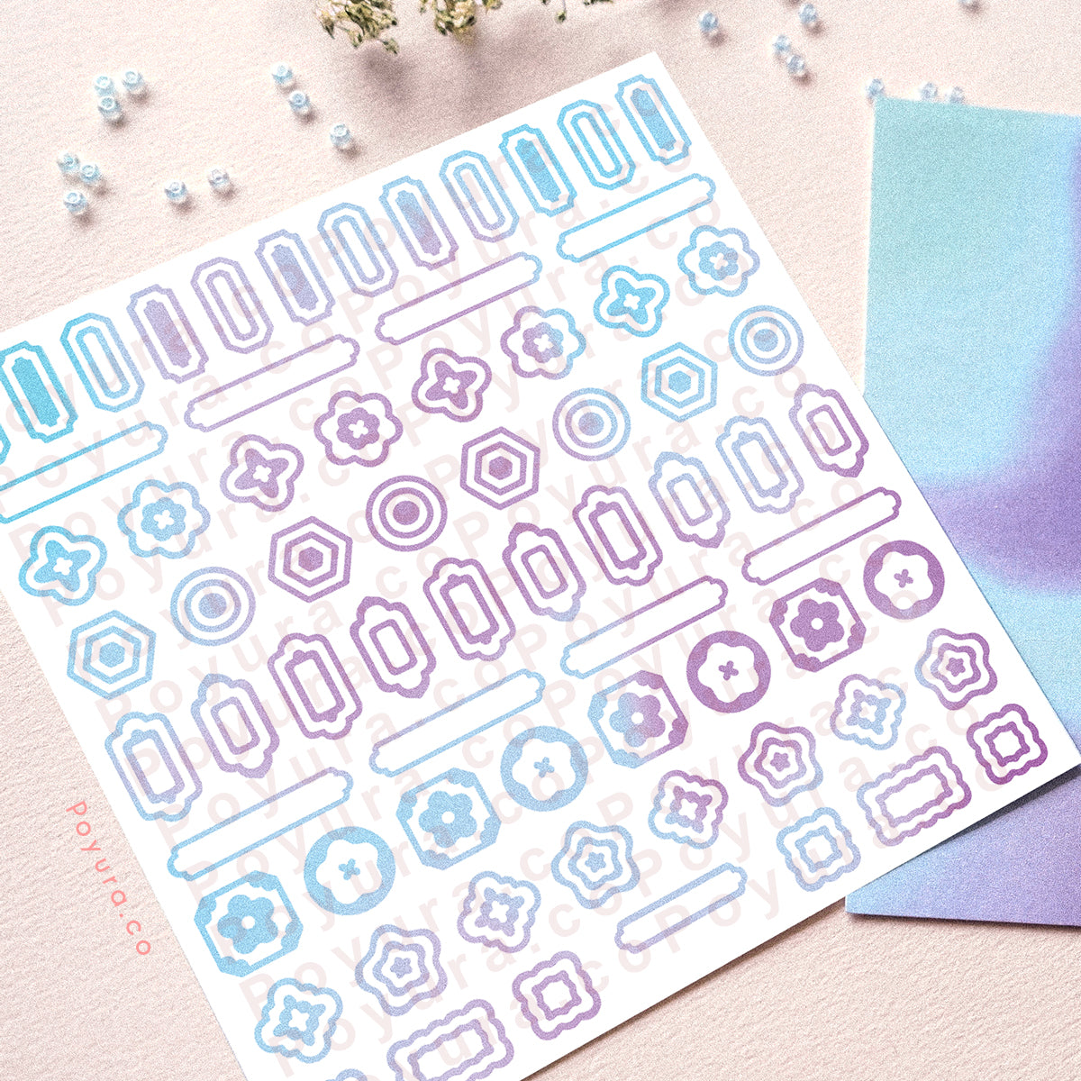 Borderless sticker with Asian circle and rectangle cutouts in different blue and purple tints