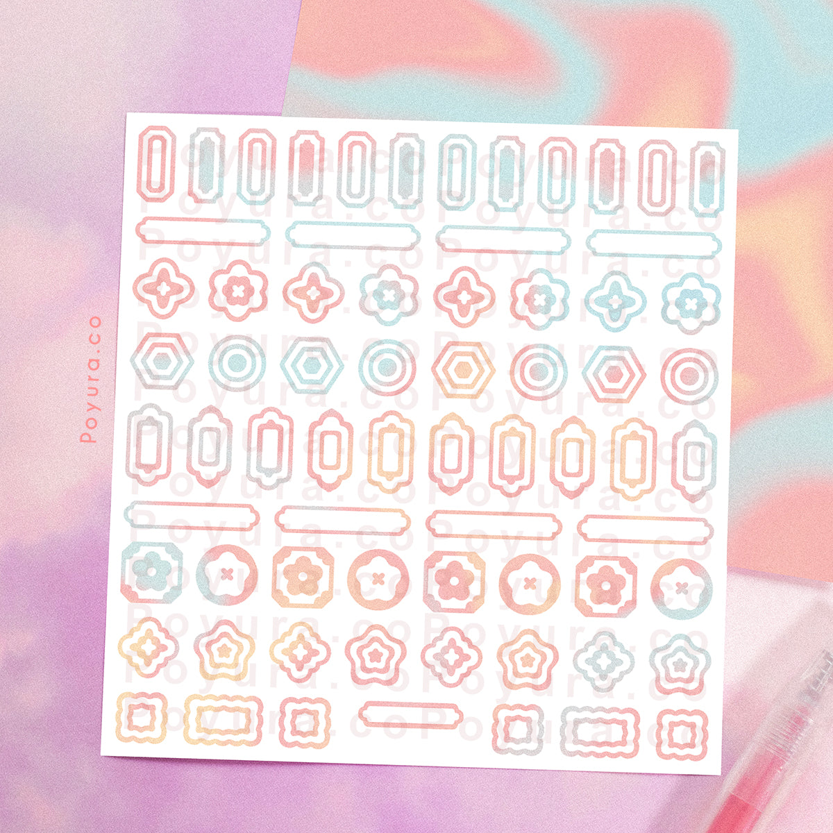 Borderless sticker with Asian circle and rectangle cutouts in different blue, pink, and orange tints