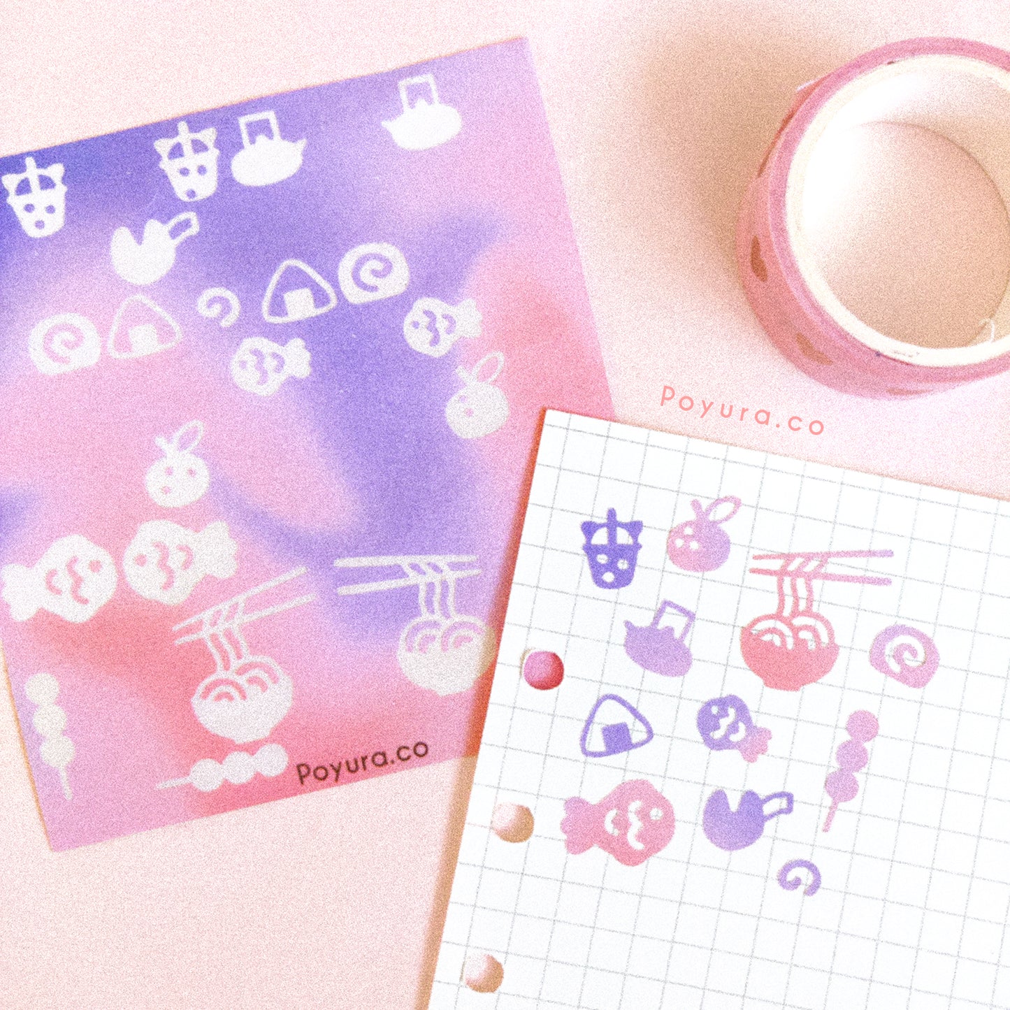 Borderless sticker with cutouts of Asian food and snacks in different pink and purple tints