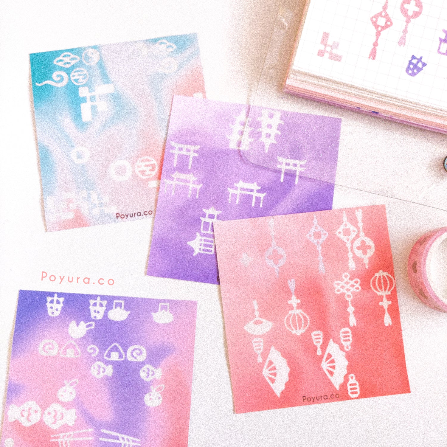 Borderless sticker with cutouts of Asian food and symbols in different colors
