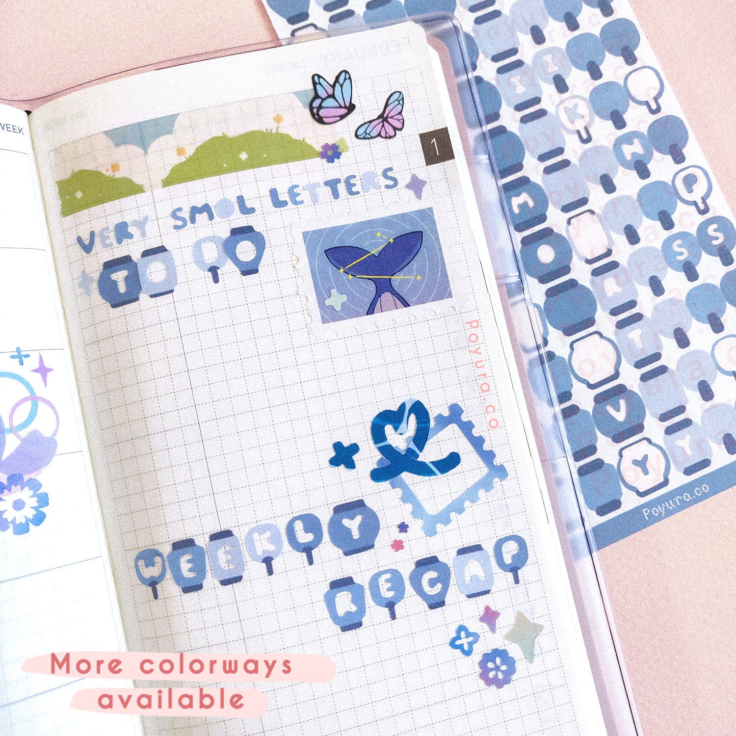 Sticker sheet of blue lanterns and fans with alphabet cutouts