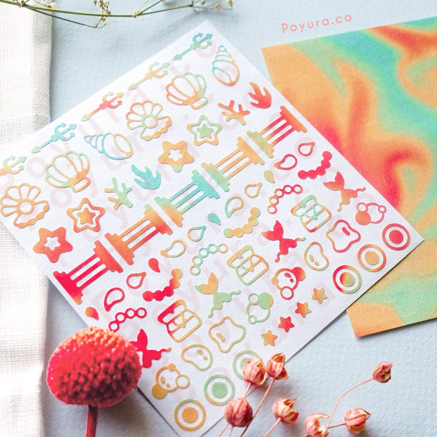 Borderless sticker with ocean Atlantis cutouts in different red, orange, and green tints