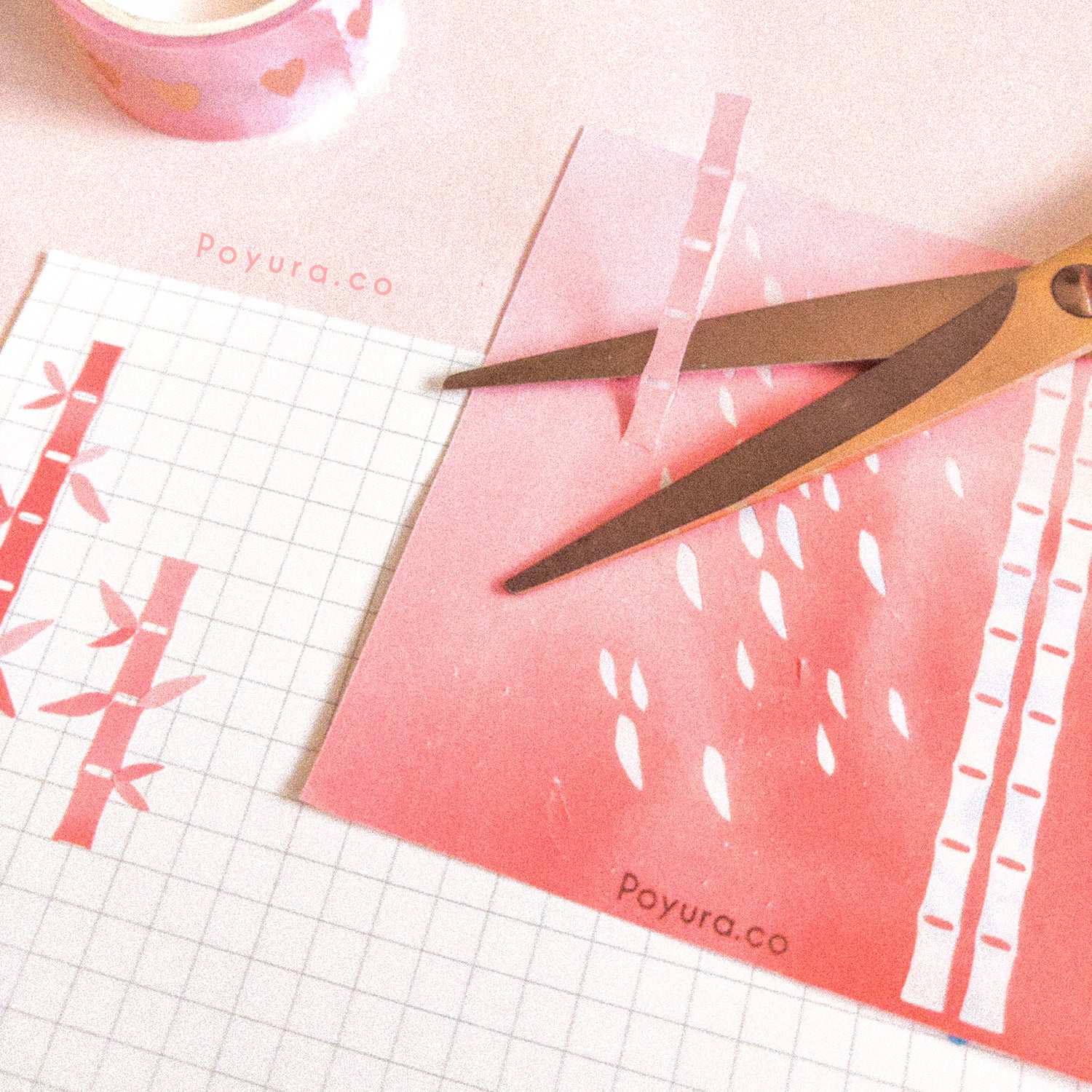 Borderless sticker with bamboo cutouts in different red tints