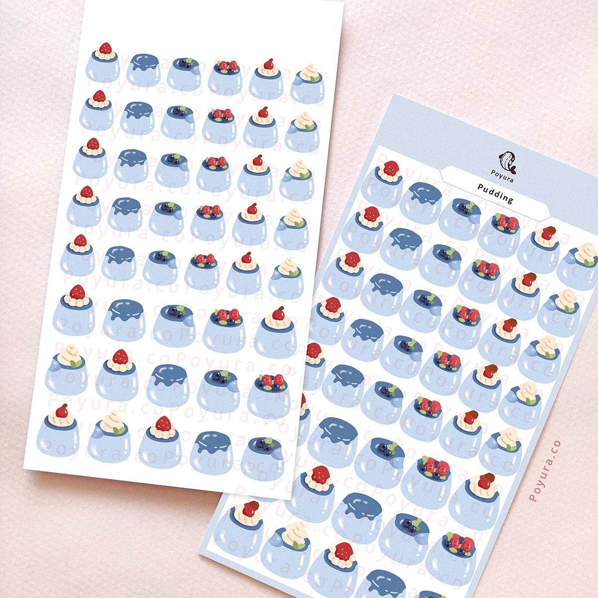 Sticker sheet of blue blueberry puddings.