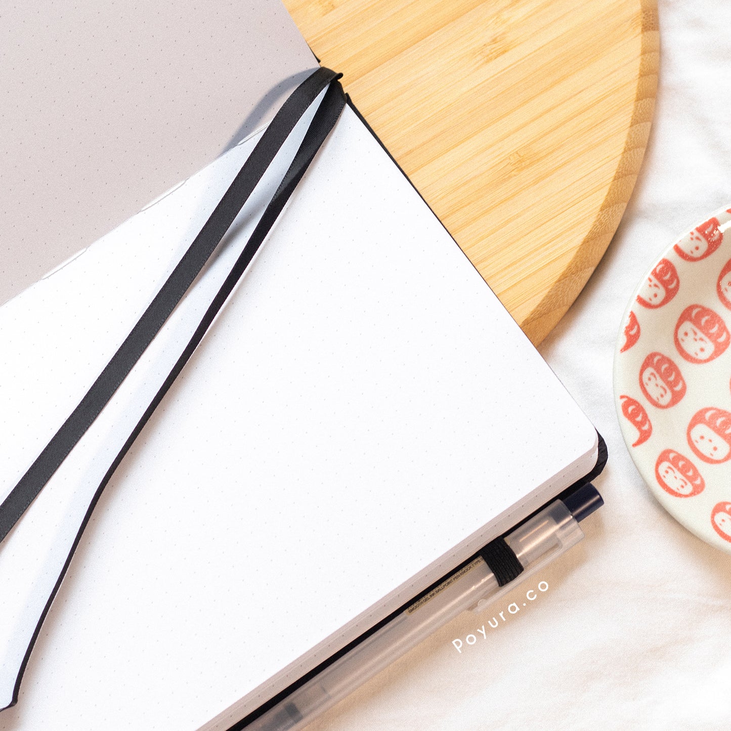 Black A5 linen hardcover Asian bubble tea bunny bullet journal with dotted paper and two bookmarks