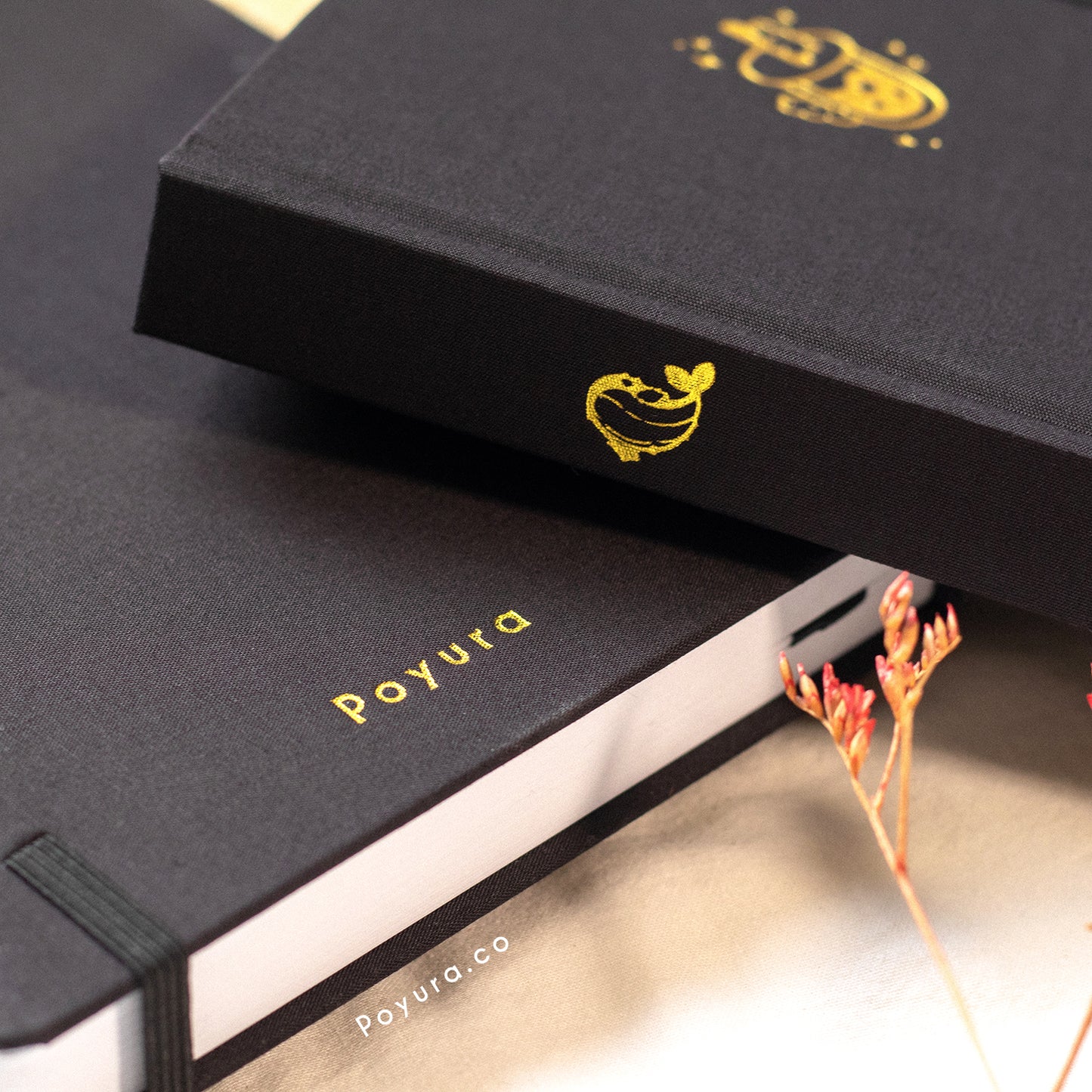 Black A5 linen hardcover Asian bubble tea bunny bullet journal with gold foil finish