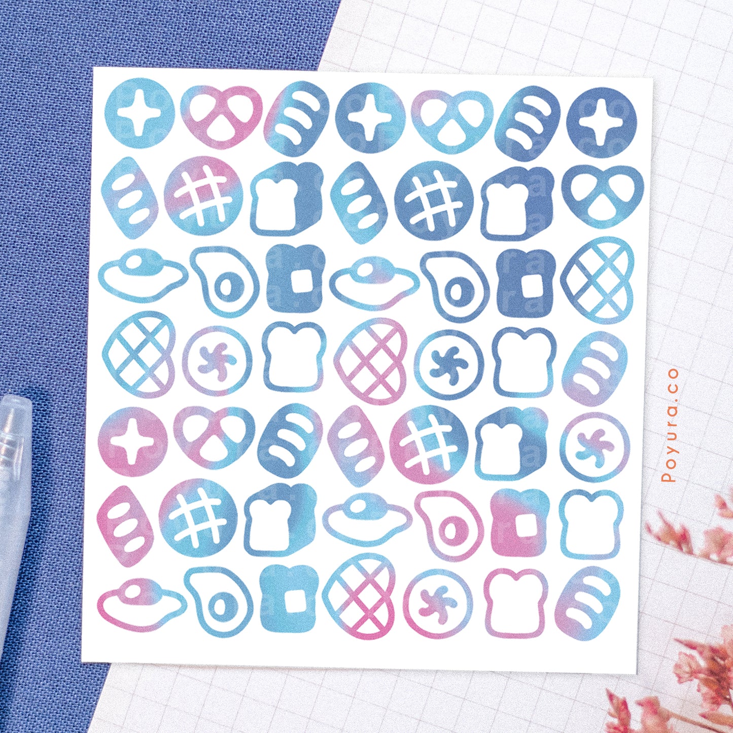 Borderless sticker with bread and egg cutouts in different blue and purple tints
