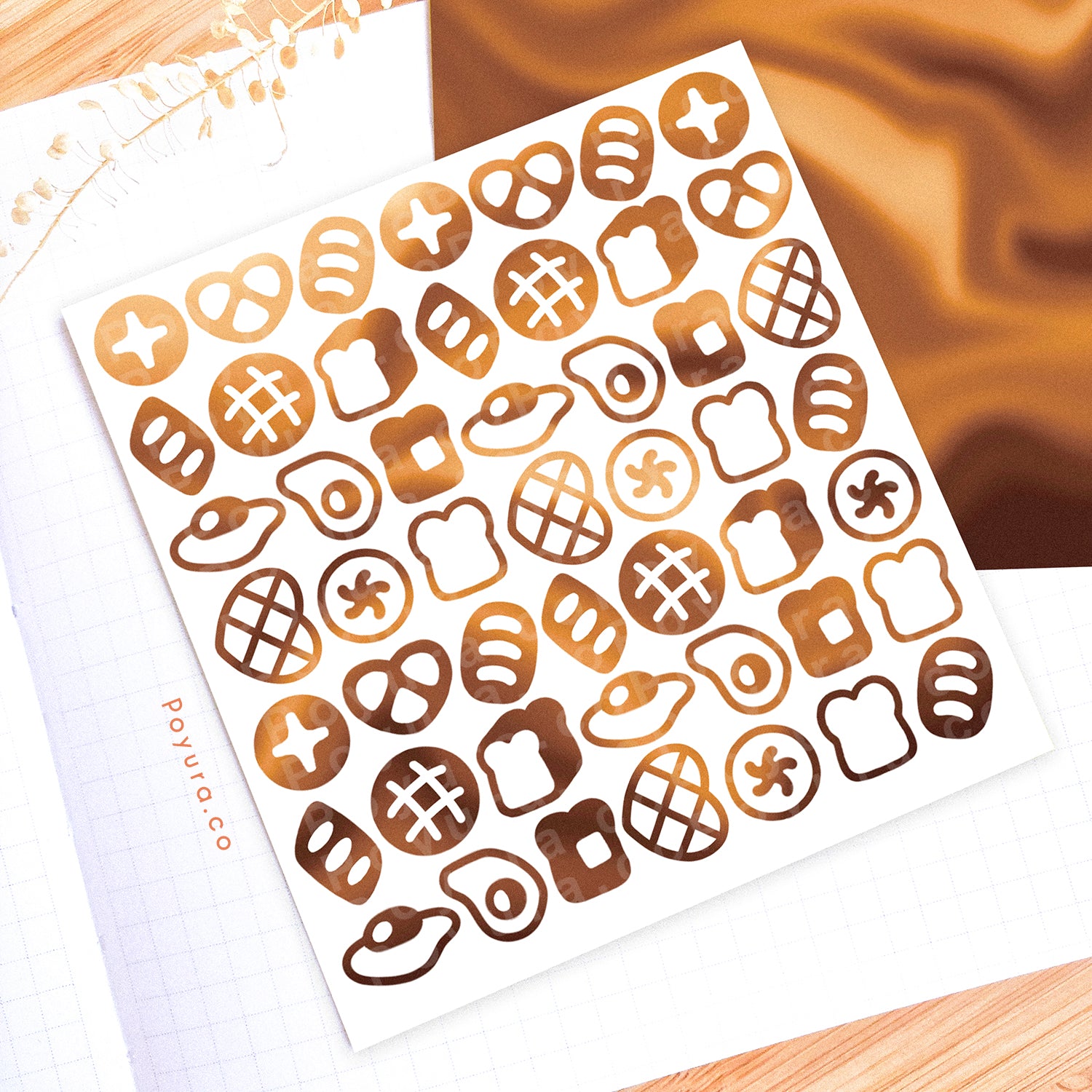 Borderless sticker with bread and egg cutouts in different brown tints