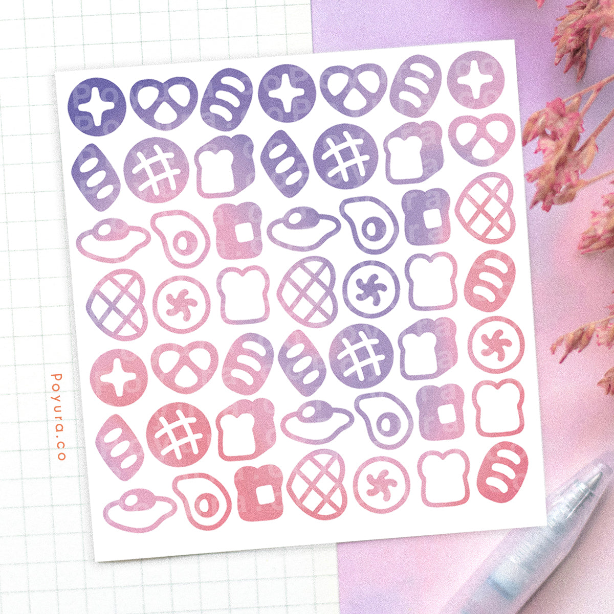 Borderless sticker with bread and egg cutouts in different pink and purple tints