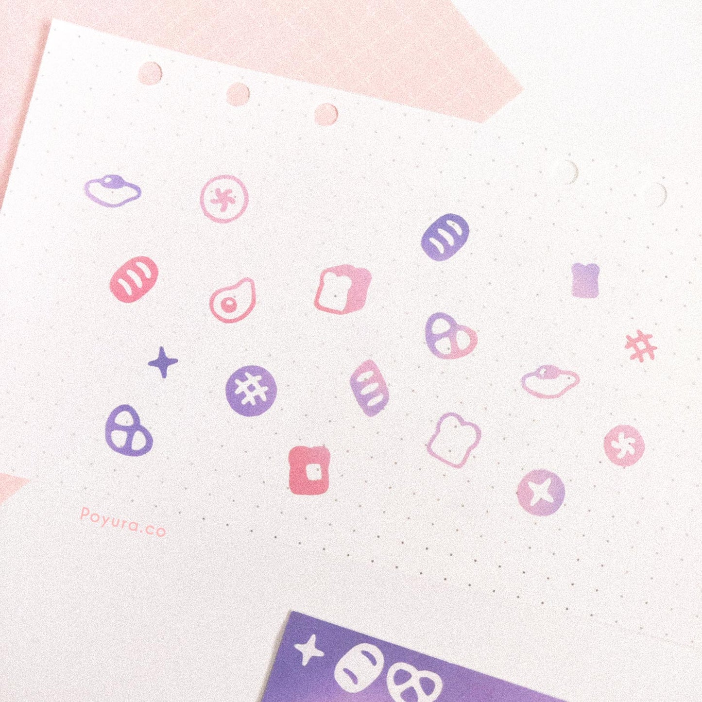 Borderless sticker with bread and egg cutouts in different pink and purple tints
