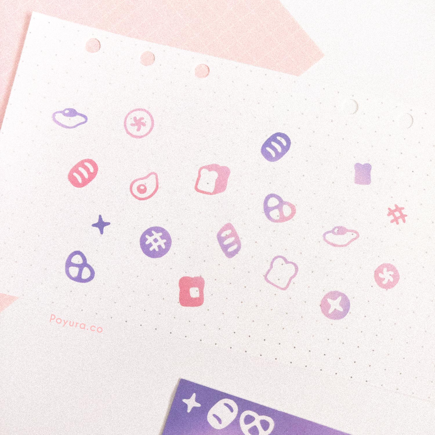 Borderless sticker with bread and egg cutouts in different pink and purple tints