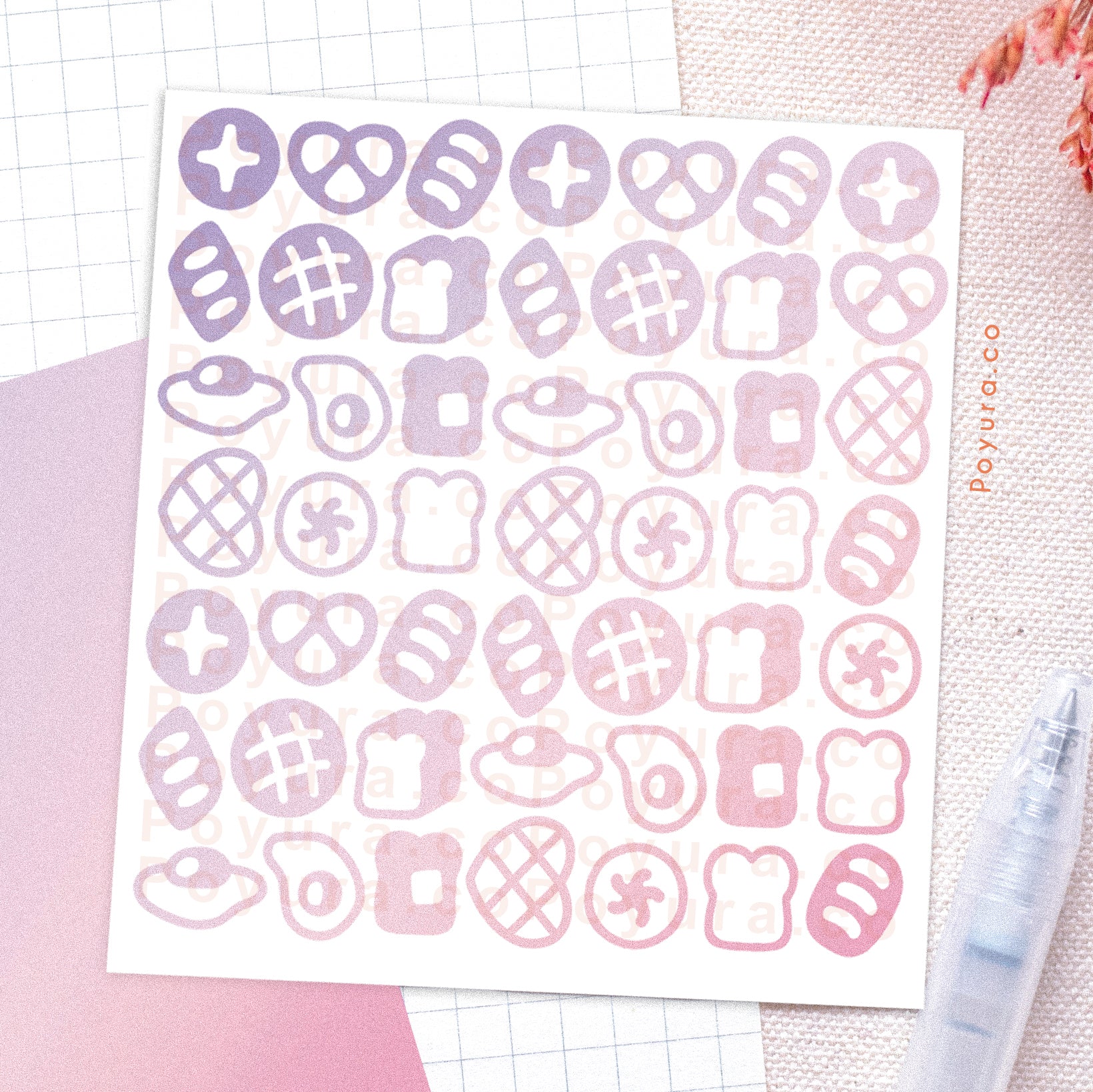Borderless sticker with bread and egg cutouts in different pink and purple tints