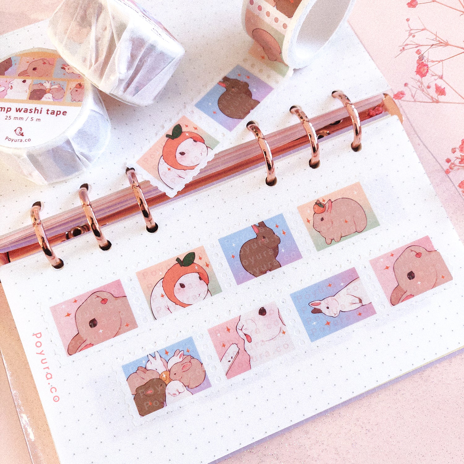Stamp washi tape of a cute rabbits in white, beige and dark brown