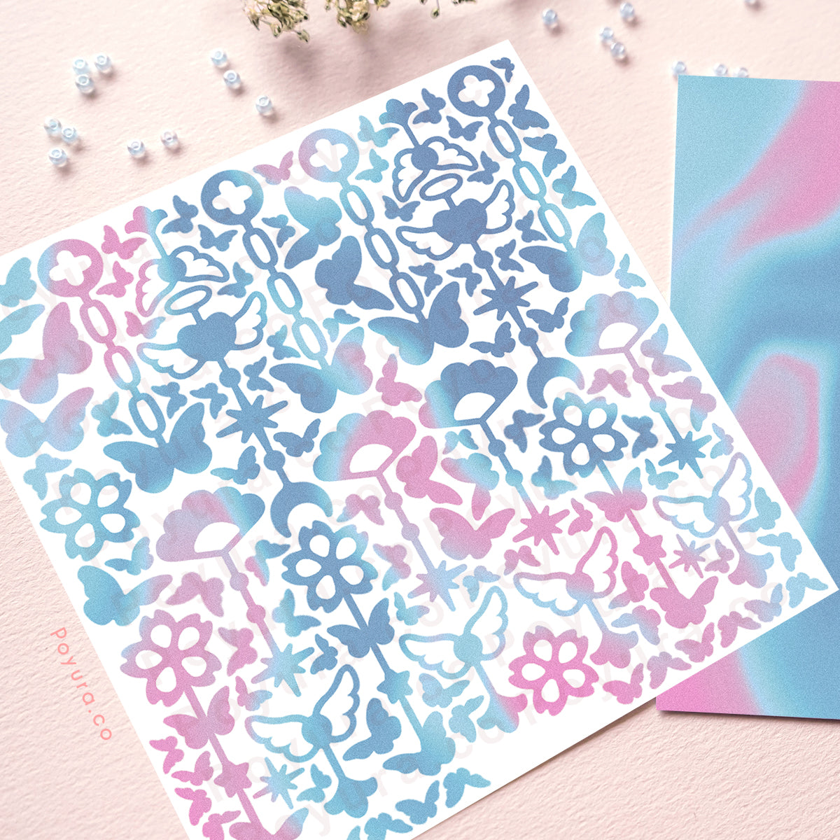 Borderless sticker with chain and butterfly cutouts in different blue and purple tints