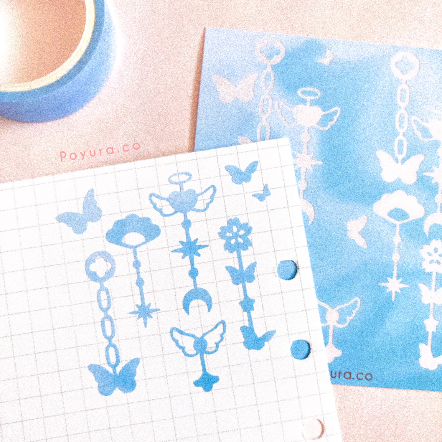 Borderless sticker with chain and butterfly cutouts in different blue tints