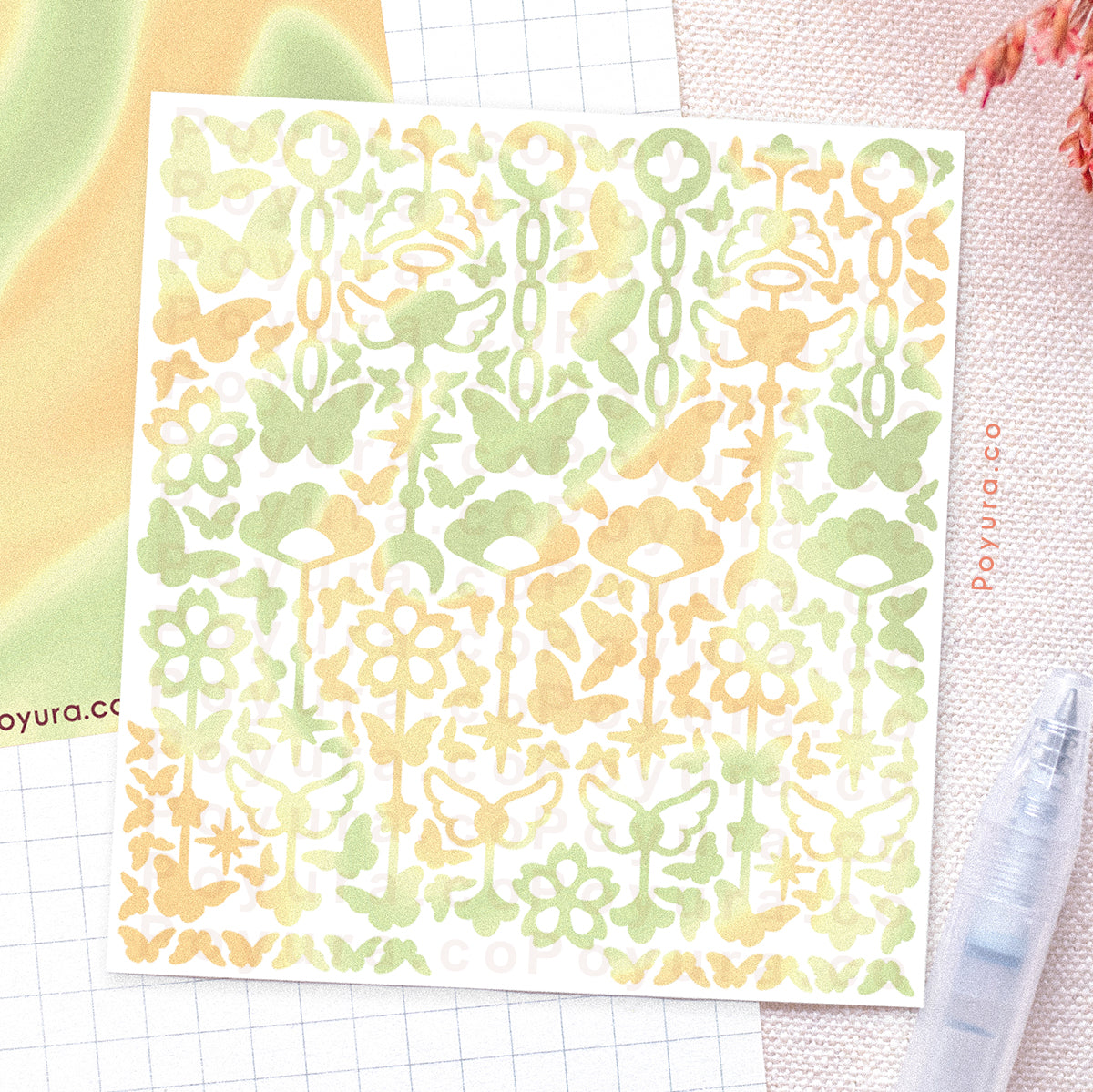Borderless sticker with cute chain and butterfly cutouts in different yellow and green tints