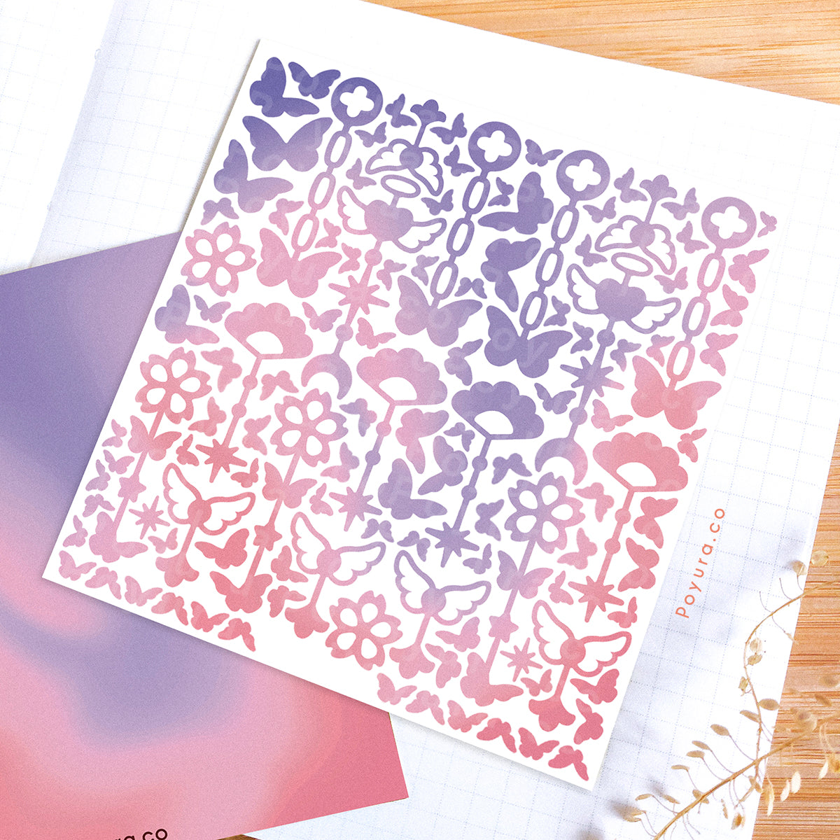 Borderless sticker with cute chain and butterfly cutouts in different pink and purple tints