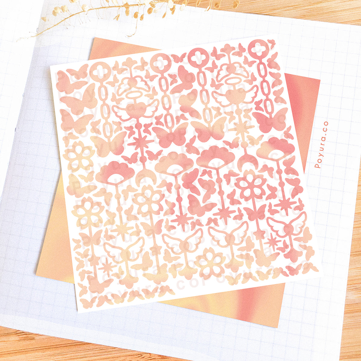 Borderless sticker with cute chain and butterfly cutouts in different pink tints