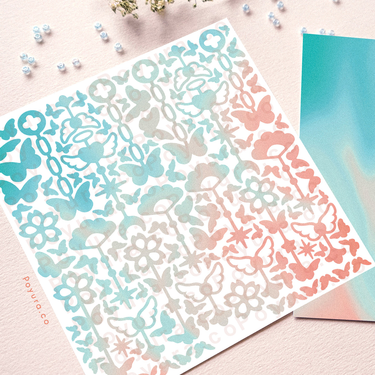 Borderless sticker with cute chain and butterfly cutouts in different teal and orange tints