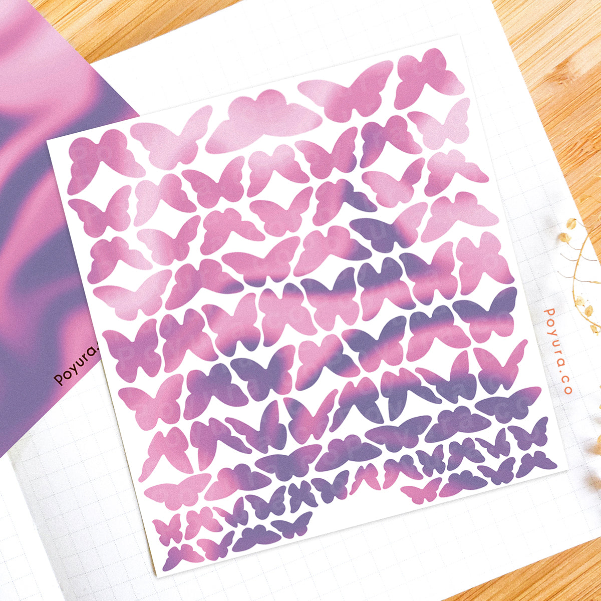 Borderless sticker with cute butterfly cutouts in different purple tints