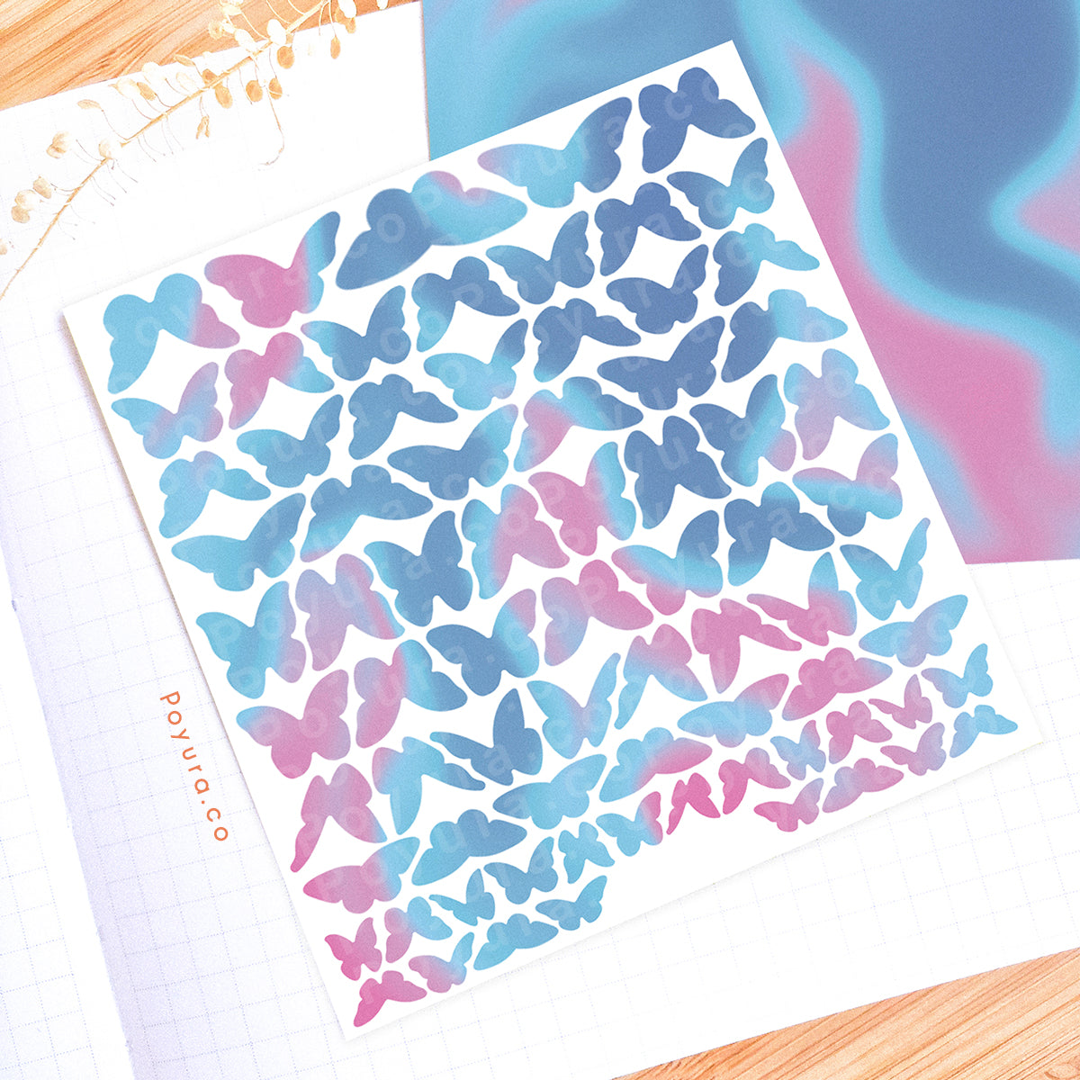 Borderless sticker with cute butterfly cutouts in different blue and purple tints