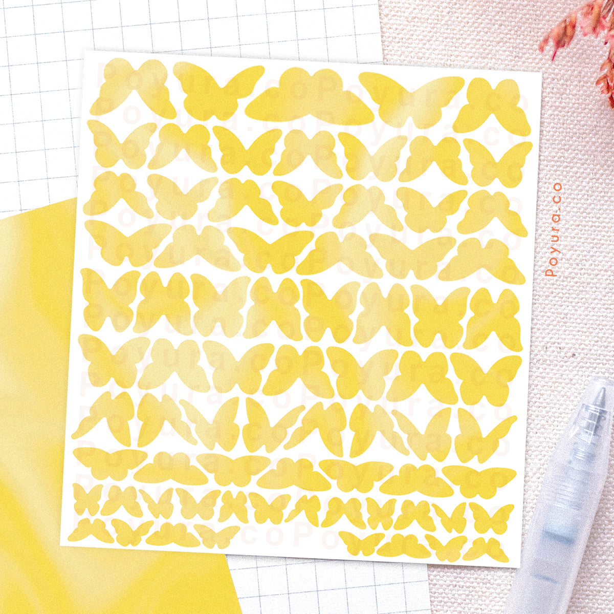 Borderless sticker with cute butterfly cutouts in different yellow tints