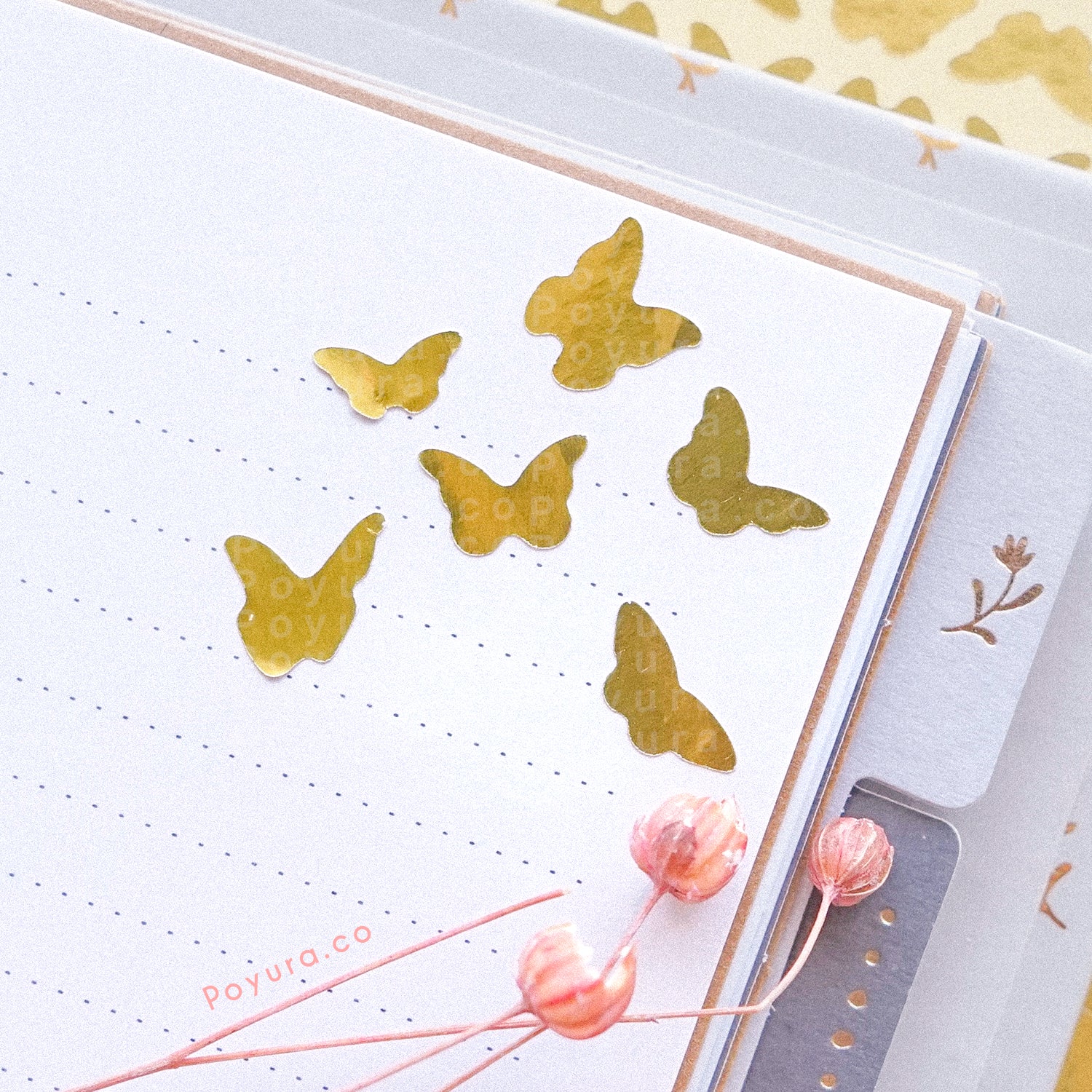 Borderless sticker with butterfly cutouts in gold foil