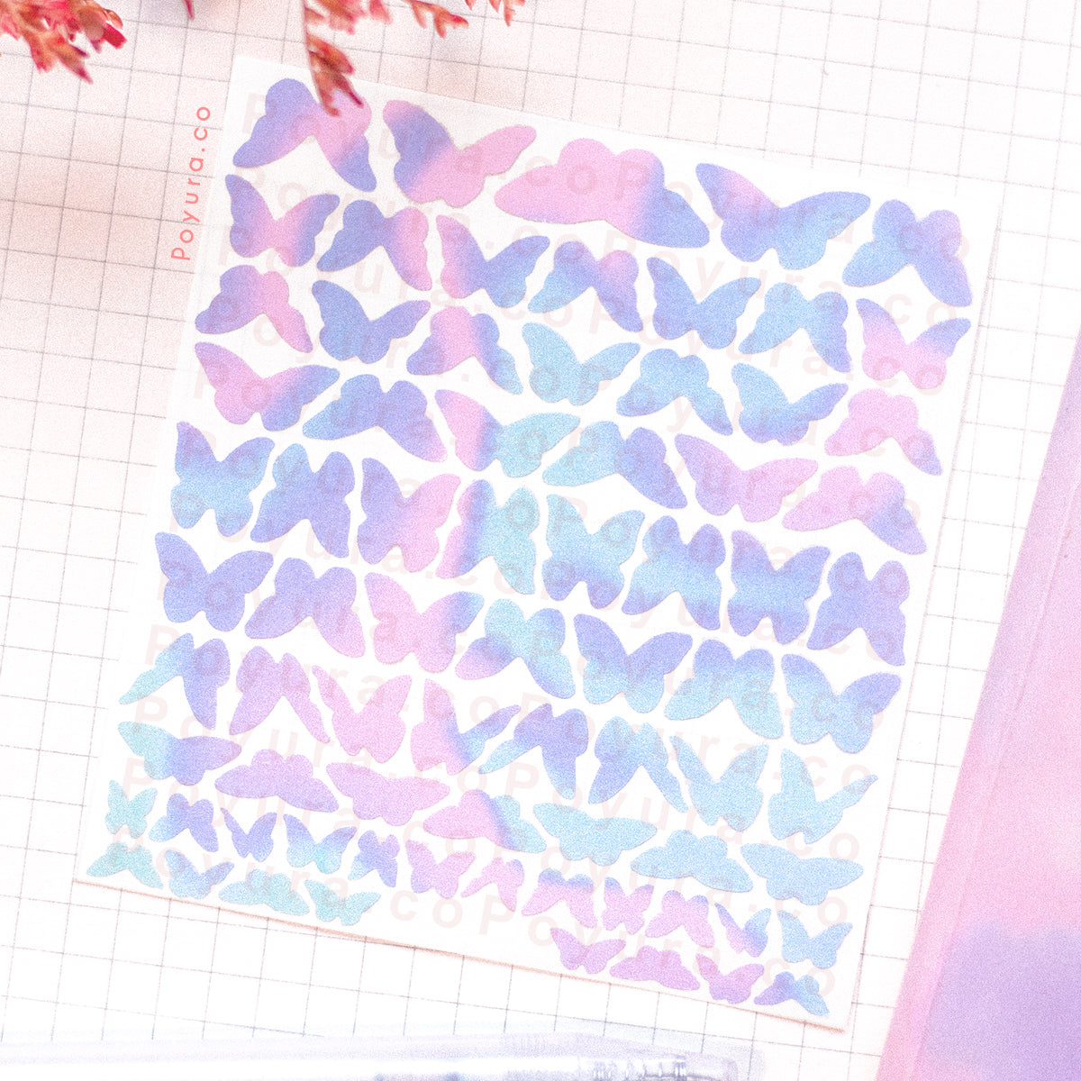 Borderless sticker with butterfly cutouts in different blue and purple tints
