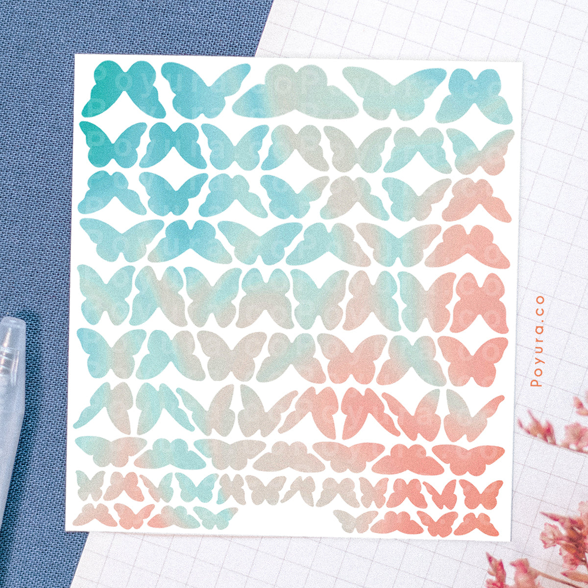 Borderless sticker with cute butterfly cutouts in different teal and orange tints