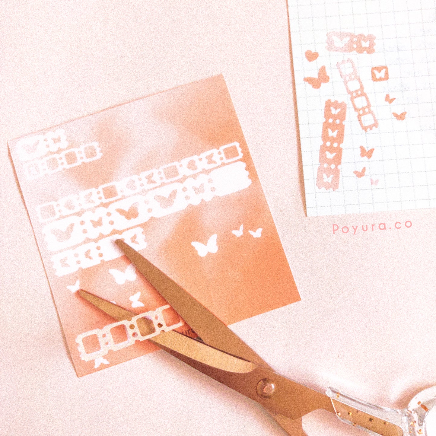 Borderless sticker with cutouts of tickets and butterflies inside in different orange tints