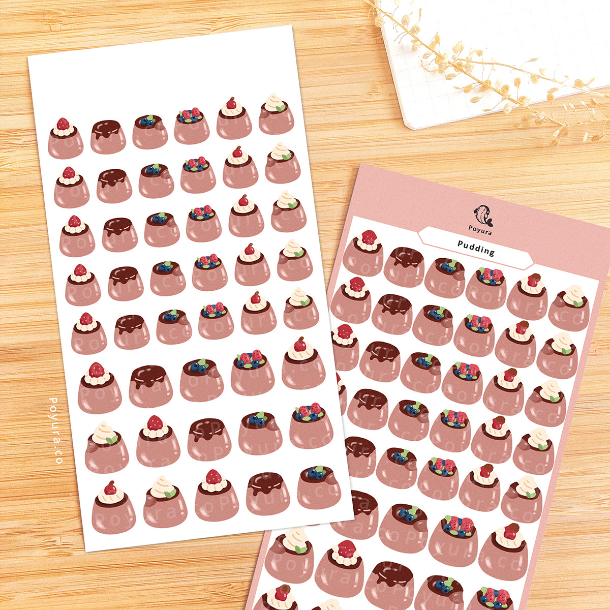 Sticker sheets of brown chocolate puddings.