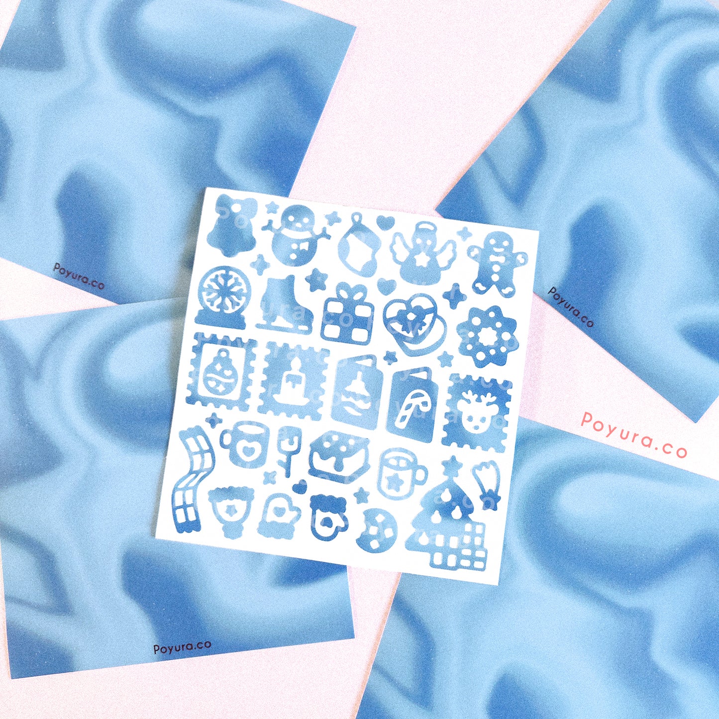 Borderless sticker with Christmas and winter cutouts in different blue tints
