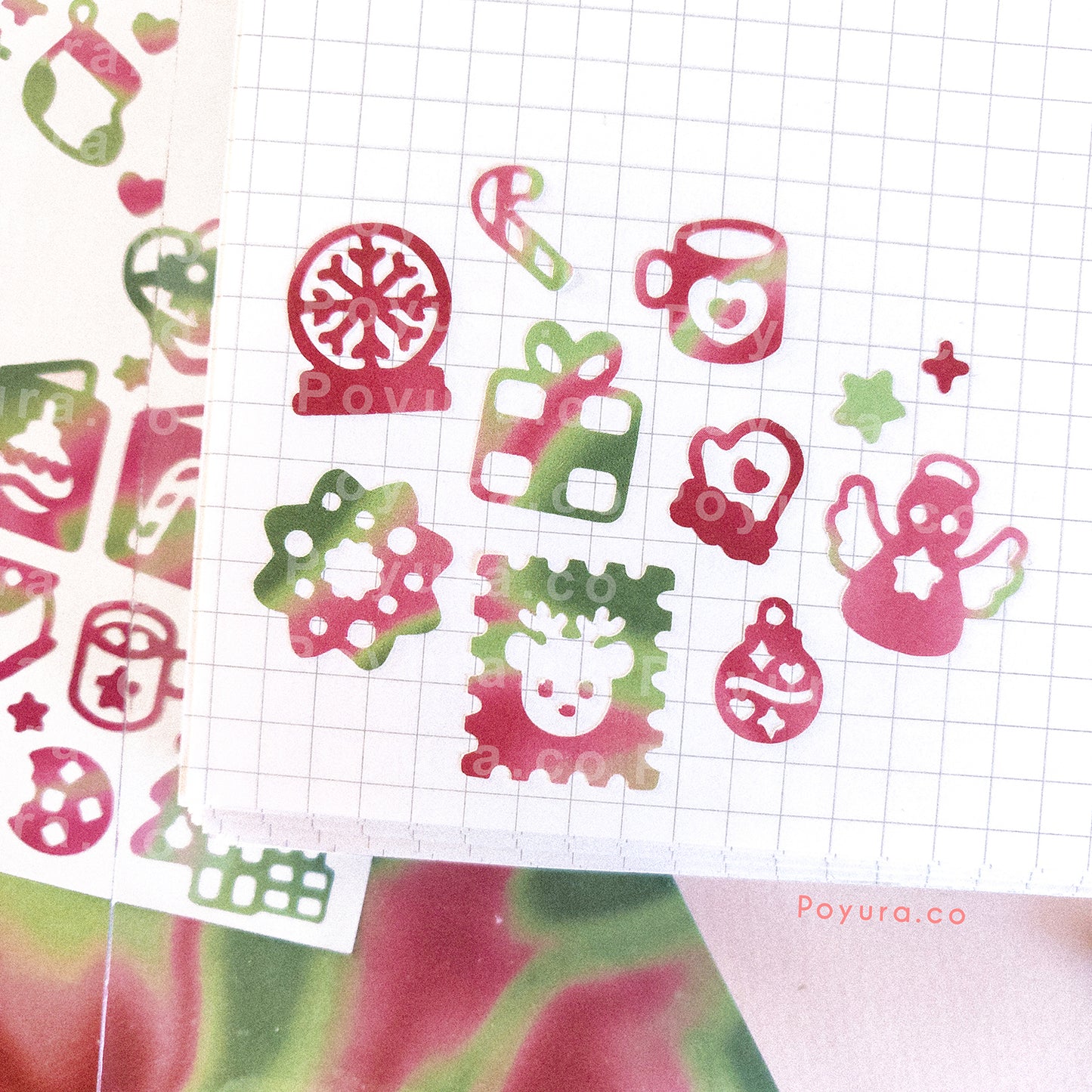 Borderless sticker with Christmas cutouts in different red and green tints